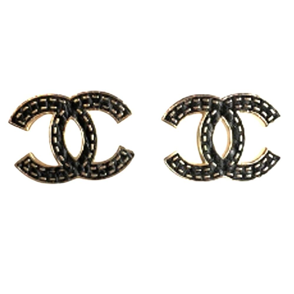 Chanel Gold & Black Textured Leather CC Stud Earrings Fall/Winter 2023 (CCXX018)